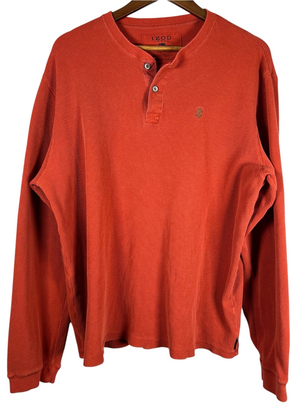 VTG IZOD Jeans XL Rust Orange Waffle Knit Henley Thermal Shirt Y2K Grunge Indie